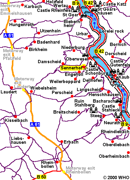 Map of Germany Rhine River Valley, Loreley rock. - st-goar-bacharach-437-sennerhof.gif  2000 WHO