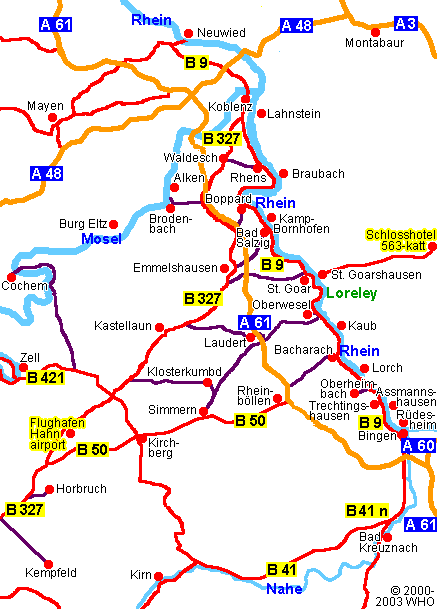 Map of Germany Rhine River Valley Frankfurt Hahn airport.  cochem-hahn-bingen-437-9.gif © 2003 WHO